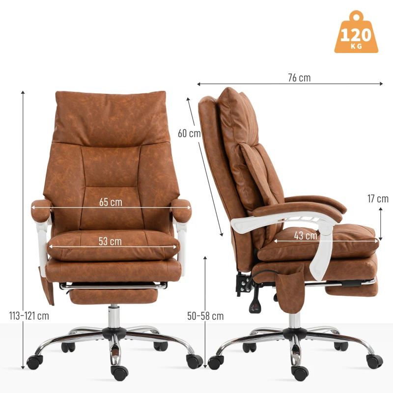 HOMCOM Silla de Escritorio con Soporte Lumbar Inflable Tapizada en PU Reposapiés Respaldo Reclinable Altura Ajustable Marrón