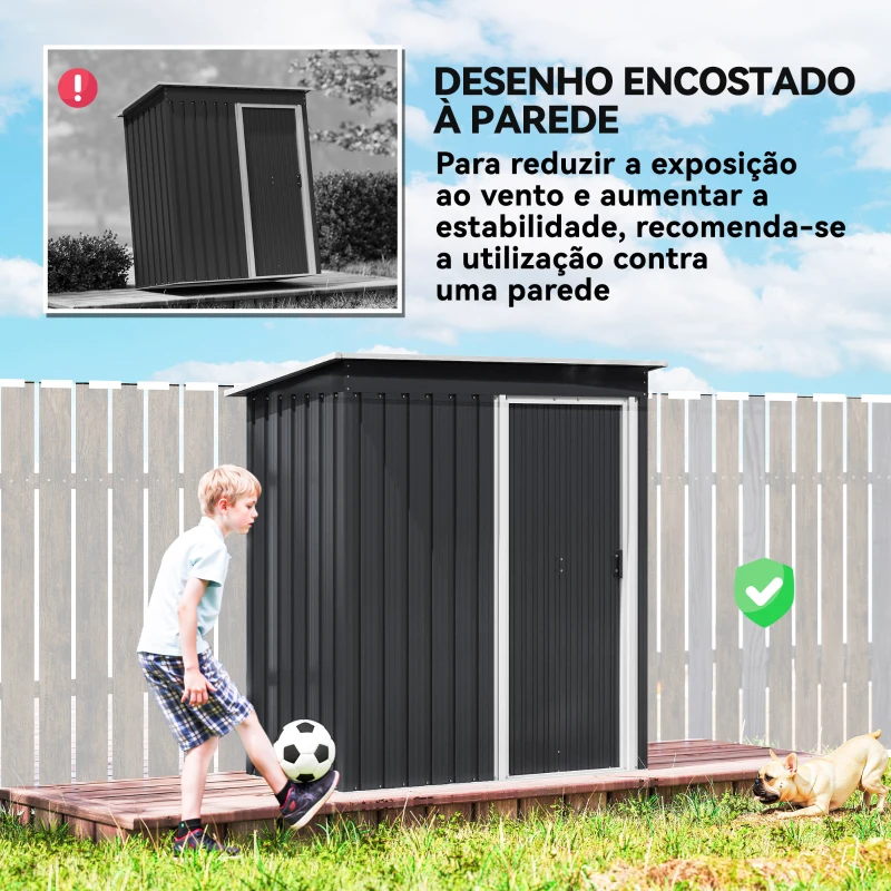 Outsunny Abrigo de Jardim Exterior 1,5 m² 163x89x182 cm Abrigo Metálico para Ferramentas com Porta de Correr e Teto Inclinado Preto