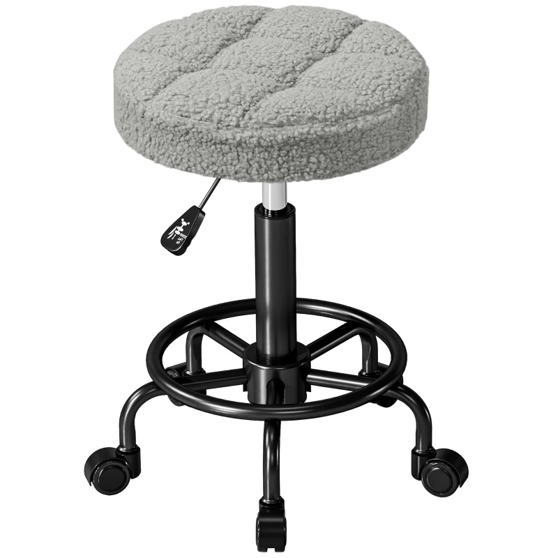 HOMCOM Runder Drehbarer Hocker mit Rädern Höhenverstellbar 50-66 cm Sitz aus Lammfellstoff Grau
