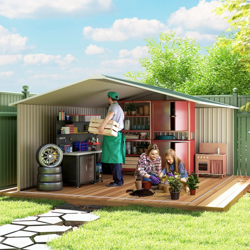 Outsunny Geräteschuppen, Wetterfestes Gartenhaus für Gartengeräte, mit Belüftungsfenstern, Schiebetüren, Stahl, Dunkelgrün(m-9)
