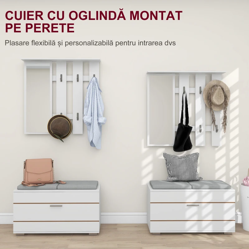 Homcom Set Hol 4‑in‑1 – Banca cu Scaun, Cuiere & Oglinda Alb(m-5)