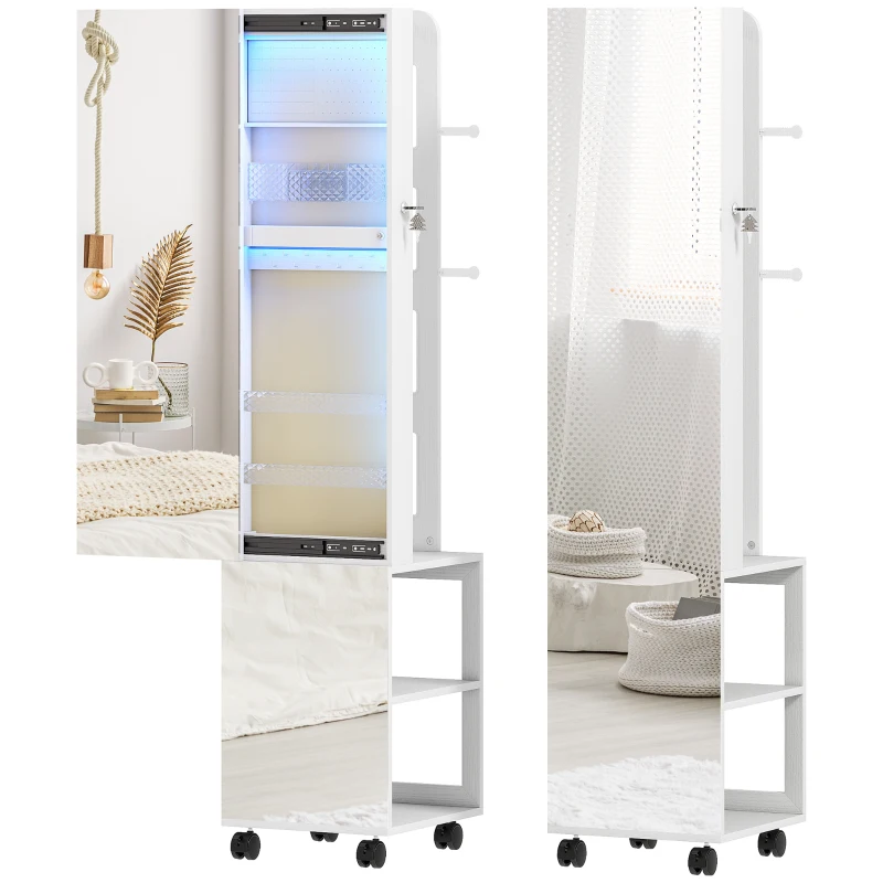 HOMCOM Espejo Joyero con Luces LED Armario para Joyas de Giro de 360° Cerradura y Llaves Superficie Blanco y Forro Beige