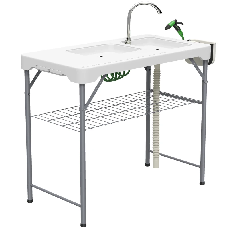 Outsunny Mesa Plegable para Camping con 2 Fregaderos Manguera de Drenaje Estación de Limpieza y Grifo Blanco