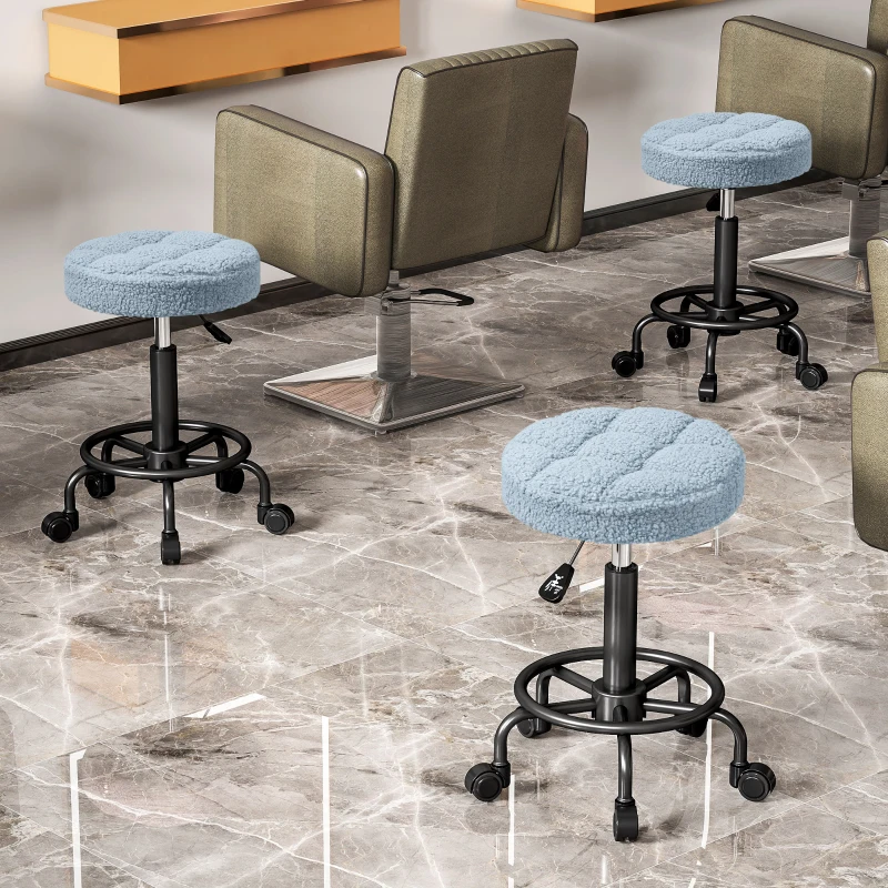 HOMCOM Sgabello Girevole Rotondo con Ruote e Altezza Regolabile, Seduta rivestita in Tessuto, 50x50x66 cm, Blu