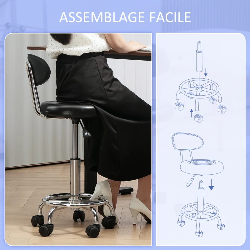 HOMCOM Tabouret à roulettes, tabouret de massage avec hauteur réglable 70-86 cm et dossier, pivotant 360°, noir