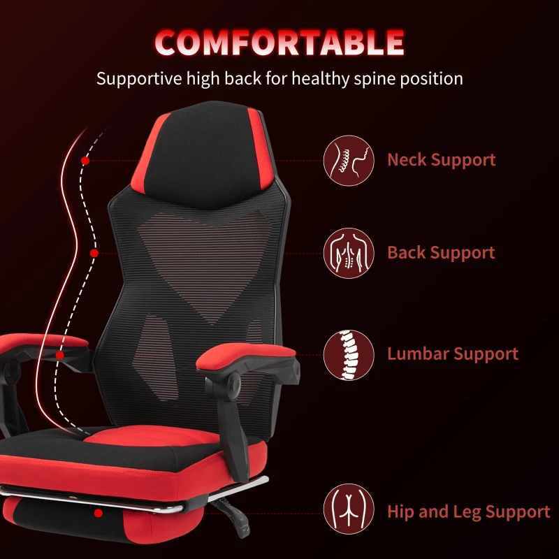 Vinsetto Scaun de Birou Ergonomic și Reclinabil cu Suport pentru Picioare Negru și Roșu