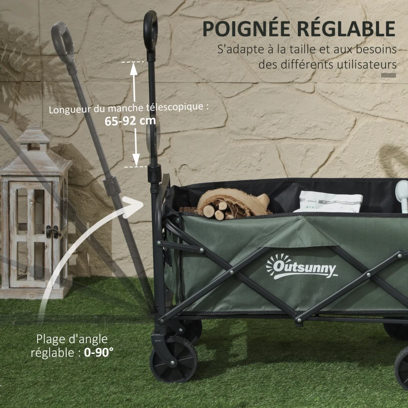 Outsunny Chariot de transport pliable chariot à roulettes avec poignée télescopique avec ouverture arrière 114 x 46 x 92 cm vert