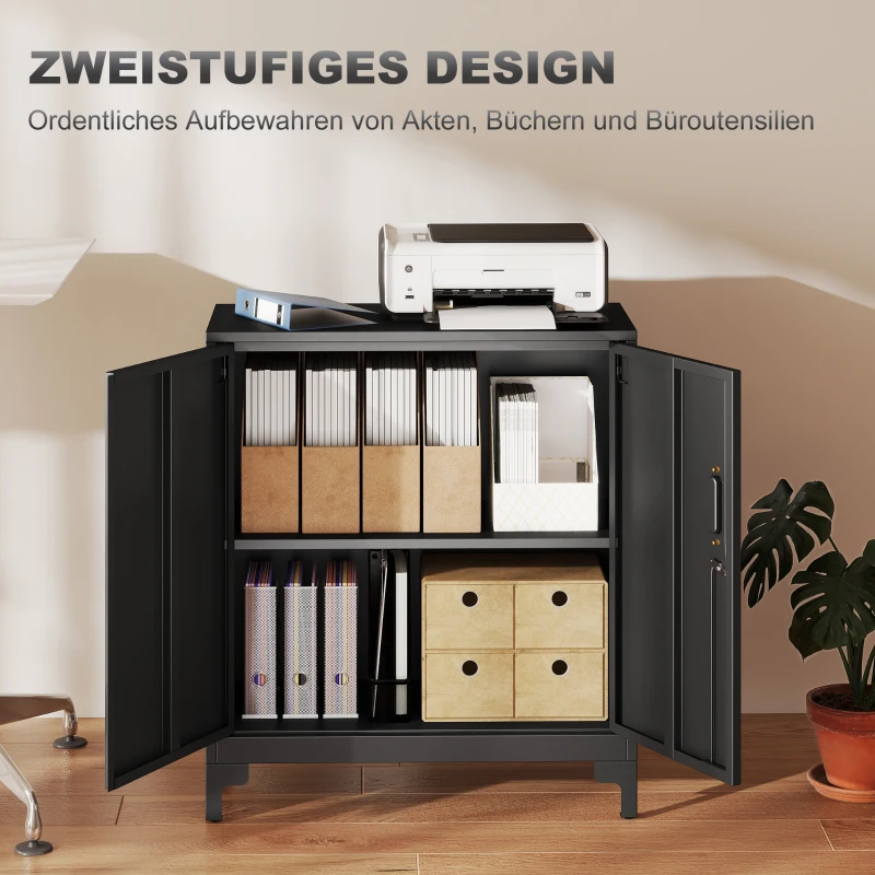 HOMCOM Büroschrank aus Metall, verschließbare Türen, Bürokommode, 2-stufiges Design, Schwarz(m-4)