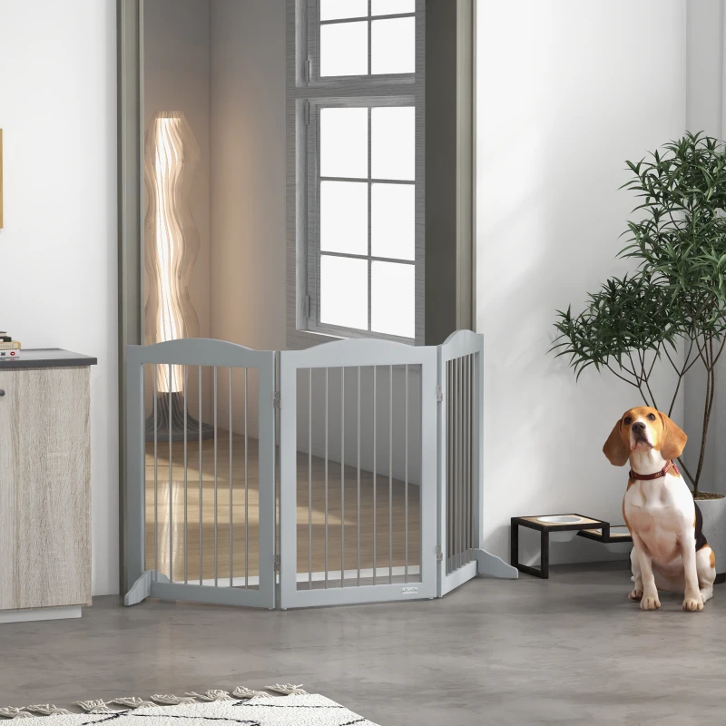 PawHut Barreira de Segurança para Cães Barreira de Segurança para Escadas e Portas Dobrável com Suporte de Pé 154x30x80cm Cinzento