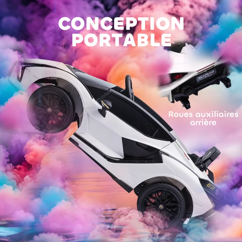 HOMCOM Voiture électrique Enfants de Sport Supercar sous Licence Lamborghini Sian 12 V - V. Max. 5 Km/h avec Télécommande 2,4G Effets sonores + Lumineux Blanc(m-8)