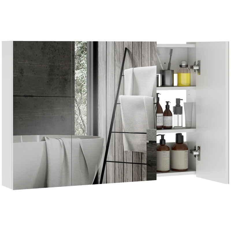 kleankin Armadietto Pensile Bagno con 3 Ante a Specchio e Ripiani Regolabili in Legno 90x13.5x60 cm, Bianco