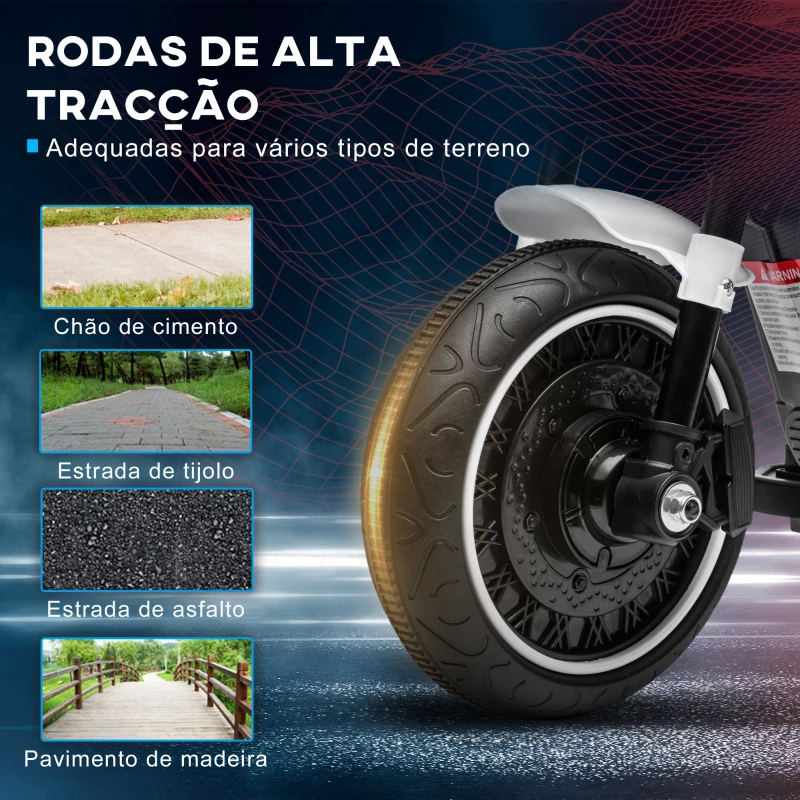 HOMCOM Motocicleta Elétrica para Crianças de 18-36 Meses com Bateria 6V Farol e Rodas Auxiliares Removíveis 76x42x57 cm Branca