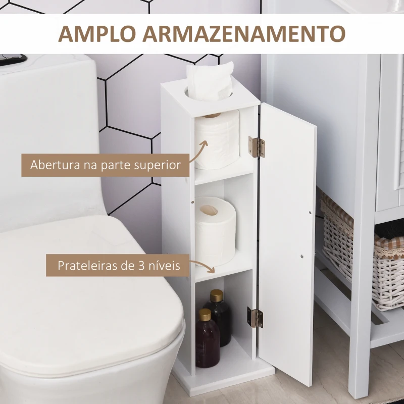 HOMCOM Armário de Casa de Banho Estreito com Orifício para Papel Higiénico e Prateleiras Estilo Moderno 19,5x19,5x65 cm Branco