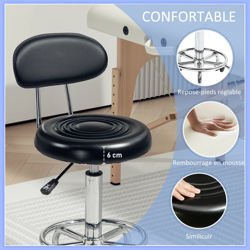 HOMCOM Tabouret à roulettes, tabouret de massage avec hauteur réglable 70-86 cm et dossier, pivotant 360°, noir