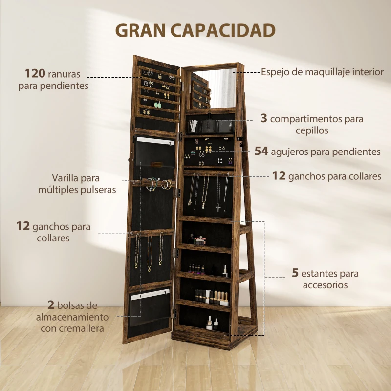 HOMCOM Espejo Joyero Giratorio 360° Armario para Joyas con Cerradura y Espejo Pequeño Incorporado 38x38x160 cm Marrón Rústico