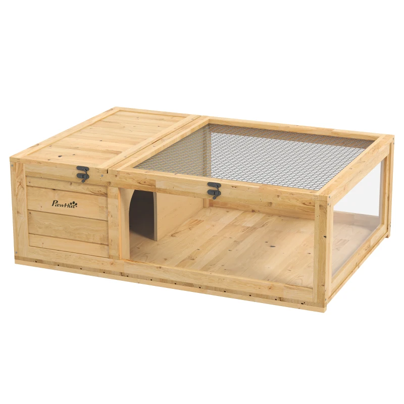 PawHut Casa para Tortugas de Madera con Techo de Malla y Paneles Laterales Transparentes Extraíbles 91x60,5x32cm Amarillo Claro