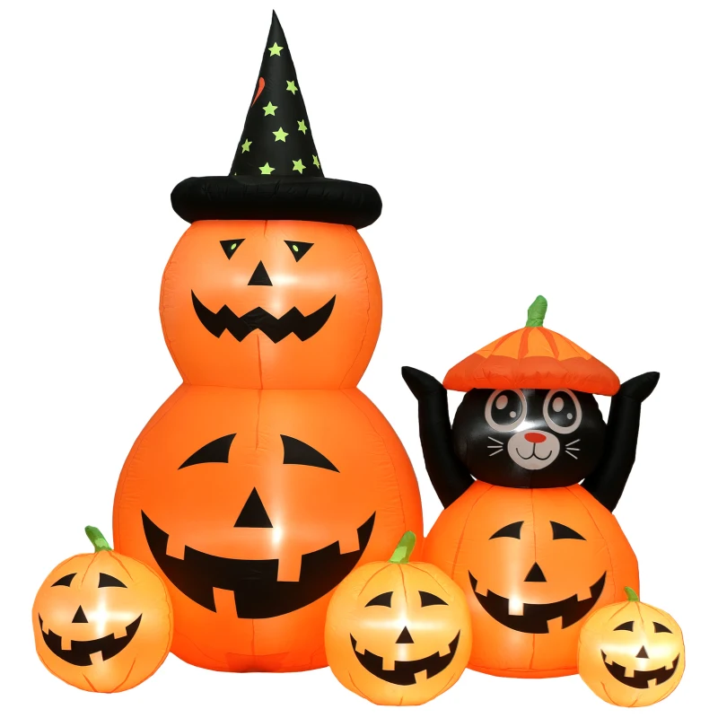 Outsunny 180 cm Tall Halloween Inflatables Pumpkin and Cat with Built-in LED Lights, Self-Inflating Outdoor Halloween Decoration for Garden Party, Orange and Black