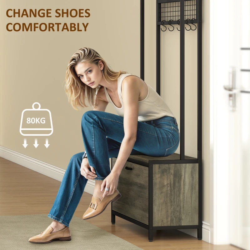 HOMCOM 5-In-1 Industrial-Style Hallway Tree - Grey/Black