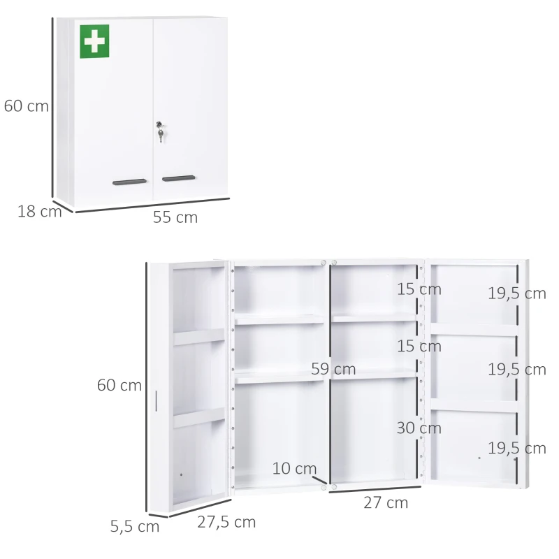 kleankin Armário para Medicamentos Armário de Primeiros Socorros de Parede em Aço de 3 Níveis com Fecho e 2 Chaves 55x18x60 cm Branco