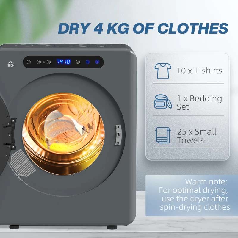 HOMCOM Droogtrommel, 6 Programma's, 40-60℃, 4 kg capaciteit, compact, Touch-bediening, Grijs(m-5)