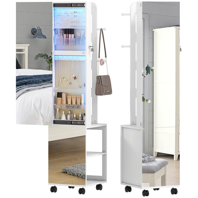 HOMCOM Miroir à Bijoux avec Lumières LED Armoire à Bijoux à Rotation de 360° Serrure et Clés Surface Blanc et Doublure Beige