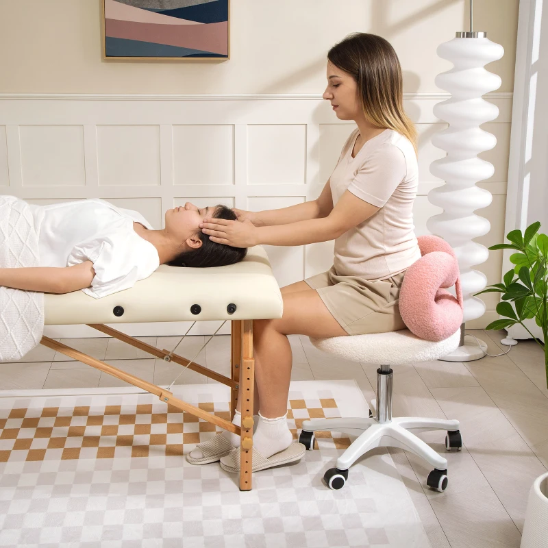 HOMCOM Tabouret avec Roulettes Dossier Hauteur Réglable 63-77 cm Tapissé en Tissu de Peluche Blanc et Rose