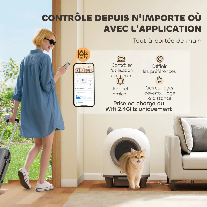 PawHut Bac à litière pour chat autonettoyant 80L, bac à litière automatique contrôle app, anti-pinch, 55,5 x 51 x 60 cm, blanc