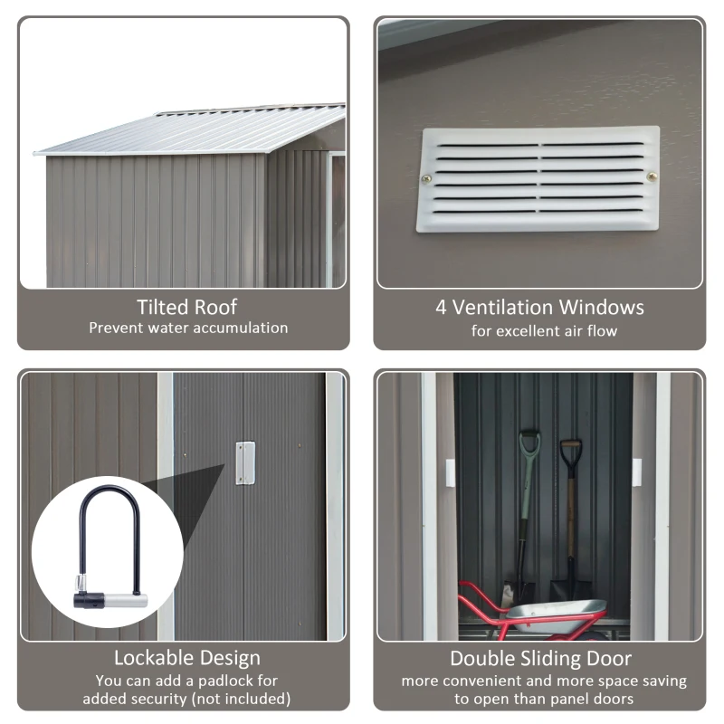 Outsunny 9 x 6FT Outdoor Garden Roofed Metal Storage Shed Tool Box with Foundation Ventilation & Doors Light, Grey(m-5)