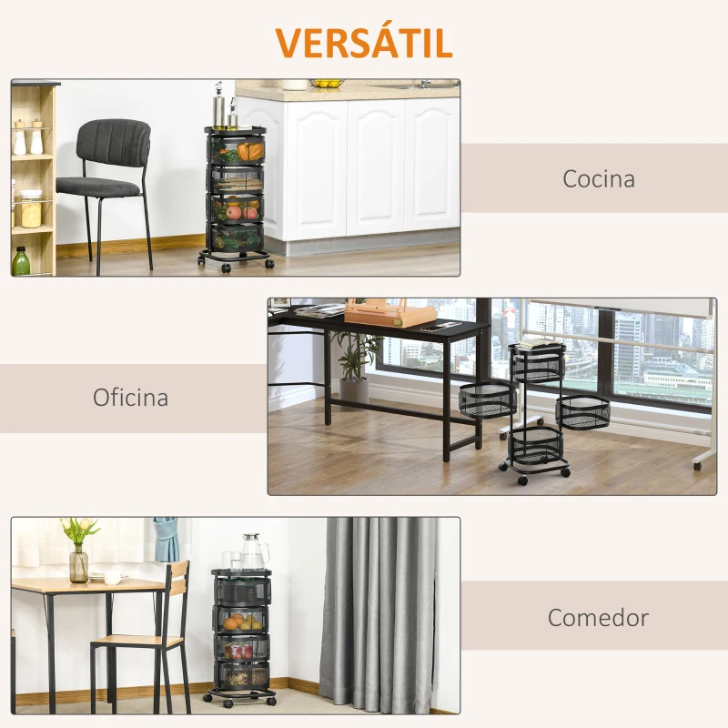 HOMCOM Carrito Auxiliar con Ruedas de 5 Niveles con 4 Cestas de Almacenamiento Giratorias 270° y Bandeja 33x33x77 cm Negro