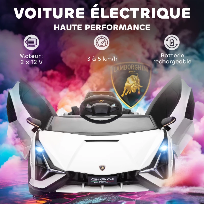 HOMCOM Voiture électrique Enfants de Sport Supercar sous Licence Lamborghini Sian 12 V - V. Max. 5 Km/h avec Télécommande 2,4G Effets sonores + Lumineux Blanc(m-4)
