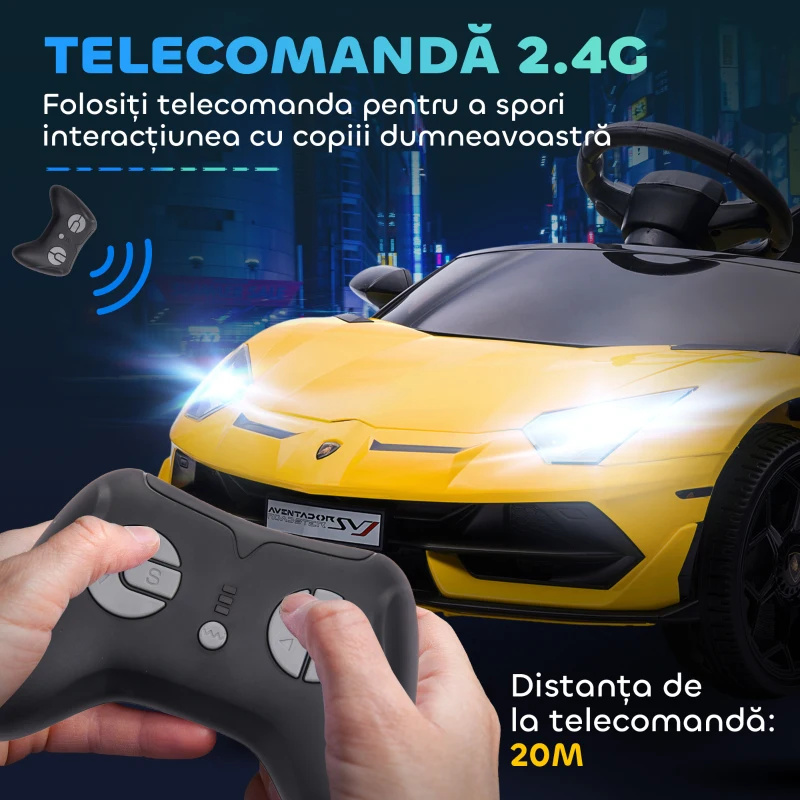 HOMCOM Mașinuță Electrică pentru Copii de 12V cu 2 Motoare, Telecomandă, Faruri și Muzică, 107,5x63x42 cm, Galben