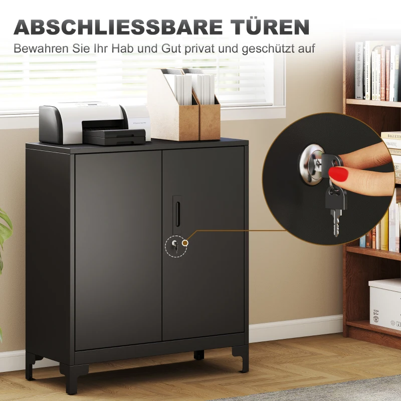 HOMCOM Büroschrank aus Metall, verschließbare Türen, Bürokommode, 2-stufiges Design, Schwarz(m-5)
