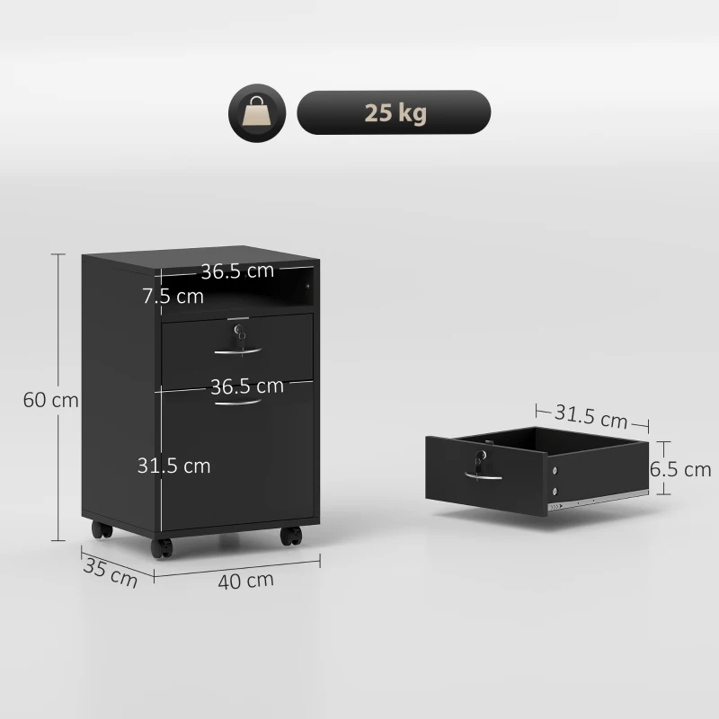 HOMCOM Mobiletto da Ufficio in Legno con Ripiano Aperto, Cassetto con Serratura e Armadietto, 40x35x60 cm, Nero