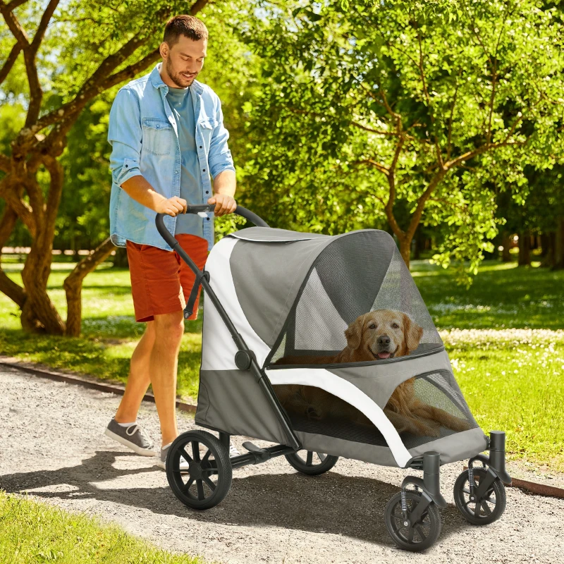 PawHut Hundewagen, Faltbarer Hundebuggy für große Hunde, Haustierwagen mit 4 Rädern, Sicherheitsleinen, Bremsen, Dunkelgrau(m-2)