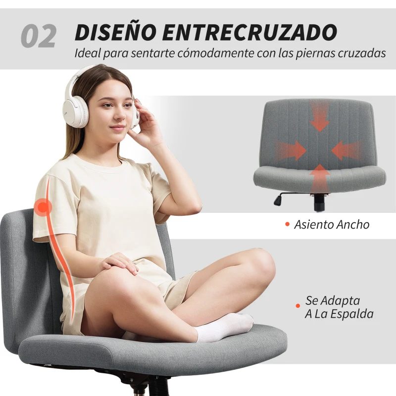 HOMCOM Silla de Oficina sin Brazos Silla de Escritorio Basculante con Piernas Cruzadas Asiento Ancho y Altura Ajustable Gris