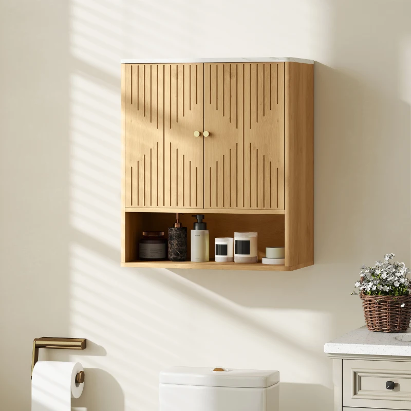 HOMCOM Wandmontierter Badezimmerschrank mit Offenem Regal und Dekorierten Türen, Marmorplatte, 60x18x70 cm, Eiche