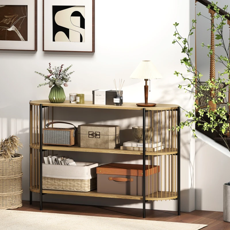 HOMCOM Mesa Consola com Corda de Papel Trançada à Mão Consola de Entrada de 3 Níveis com Estrutura de Aço Estilo Boémio 124x43,5x80 cm Madeira