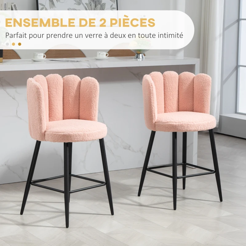 HOMCOM Lot de 2 tabourets de bar, chaises de bar avec dossier et repose-pieds, pieds en acier, 52 x 53 x 93 cm, rose
