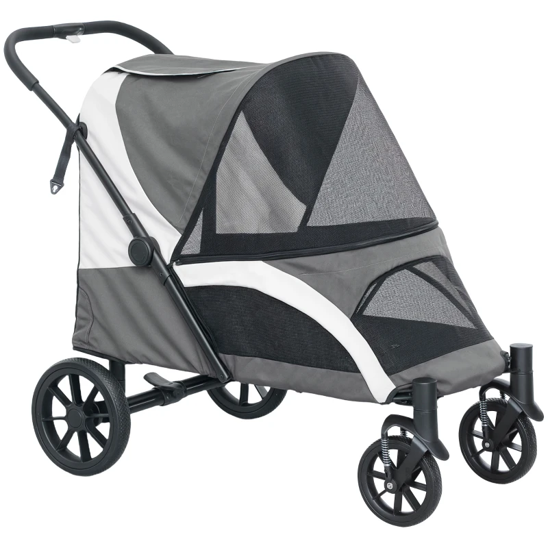 PawHut Foldable Pet Stroller for Large Dogs with 4 Big Wheels, Shock-Absorbing Frame, Safety Leashes, Brakes, Dark Grey