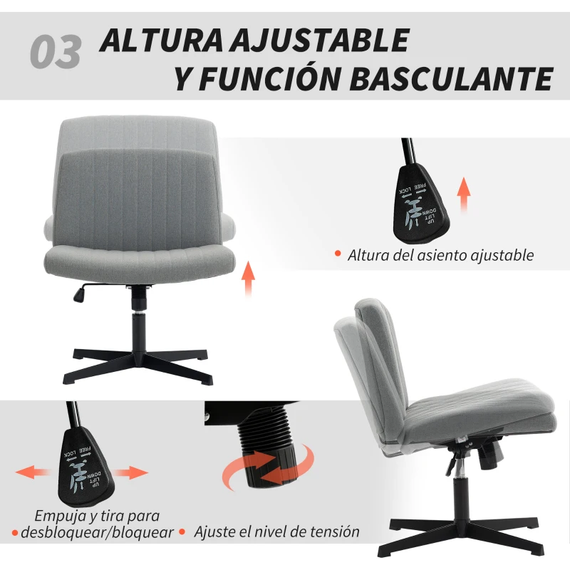 HOMCOM Silla de Oficina sin Brazos Silla de Escritorio Basculante con Piernas Cruzadas Asiento Ancho y Altura Ajustable Gris