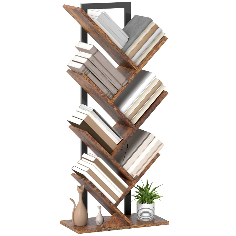 HOMCOM Libreria a 7 Livelli con Forma di Albero, 50x24x109 cm, Marrone Rustico