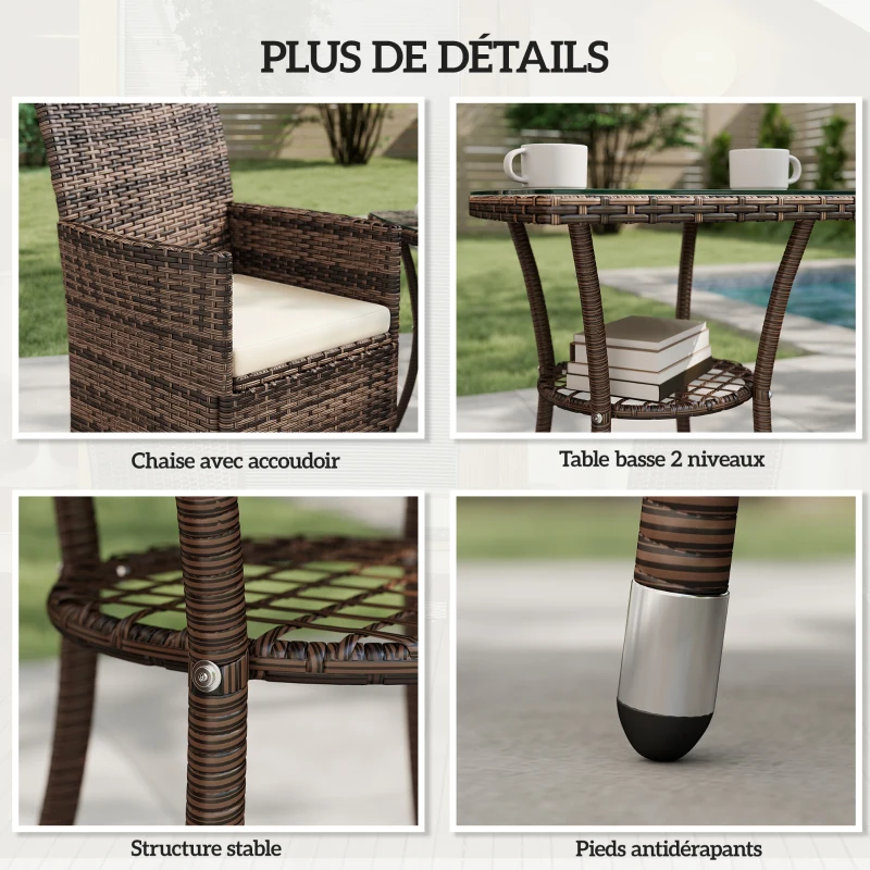 Outsunny Ensemble Salon de Jardin 2 Places : 2 fauteuils et Table Basse Plateau Verre trempé résine tressée Imitation rotin Chocolat foncé Coussins Blanc