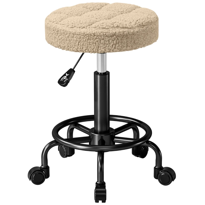 HOMCOM Taburete Giratorio Redondo Taburete con Ruedas Altura Regulable 50-66 cm Asiento Tapizado en Tejido de Borreguito Marrón