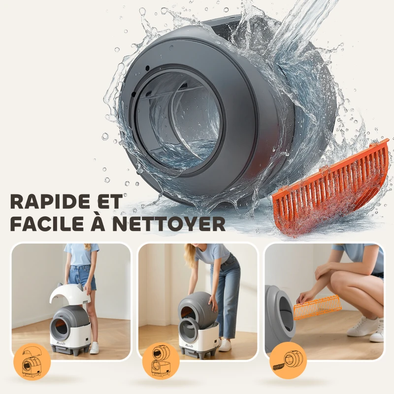 PawHut Bac à litière pour chat autonettoyant 80L, bac à litière automatique contrôle app, anti-pinch, 55,5 x 51 x 60 cm, blanc