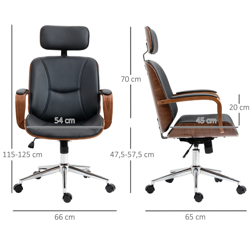 Vinsetto Fauteuil de bureau, chaise de bureau avec appui-tête amovible hauteur réglable et fonction de bascule, 66x65x125cm, noir
