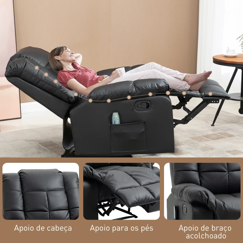 HOMCOM Poltrona de Massagem Poltrona Relax Reclinável com 8 Pontos de Massagem Controlo Remoto Estofada em PU 94x99x99 cm Preto