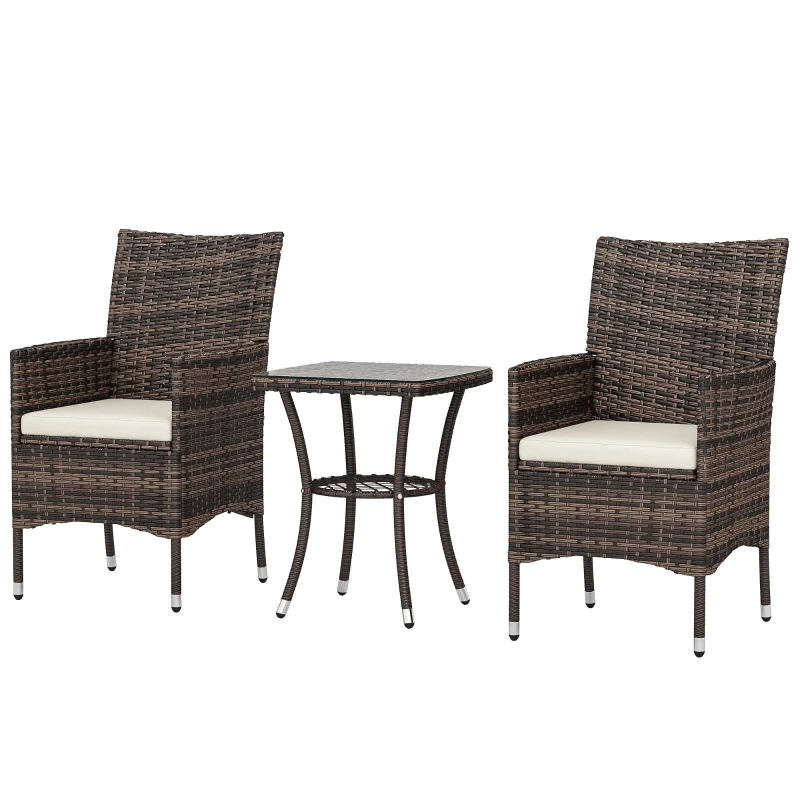 Outsunny Ensemble Salon de Jardin 2 Places : 2 fauteuils et Table Basse Plateau Verre trempé résine tressée Imitation rotin Chocolat foncé Coussins Blanc