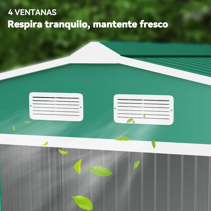 Outsunny Cobertizo de Jardín 4,9 m² 277x195x192 cm con 2 Puertas Corredizas Base Refuerzo (Suelo NO Incluido) Verde Oscuro