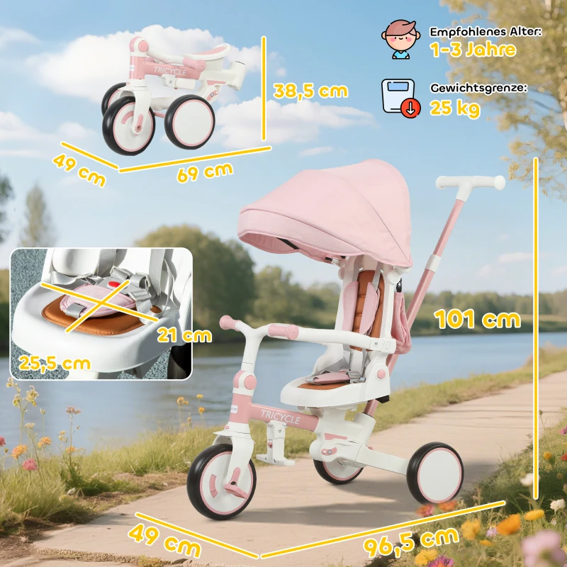 AIYAPLAY Kinder-Dreirad, wandelbarer Baby-Buggy, 5-in-1 Design, abnehmbarer Schiebegriff, verstellbar, Sicherheitsgurt, Aufbewahrungstasche, 1-3 Jahre, Rosa