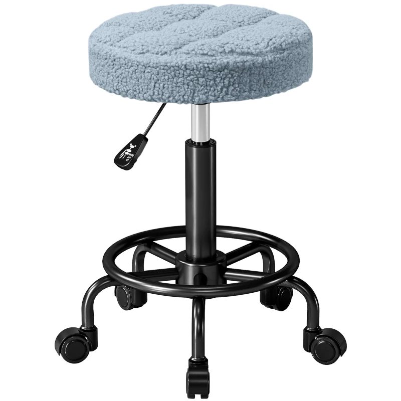 HOMCOM Taburete Giratorio Redondo Taburete con Ruedas Altura Regulable 50-66 cm Asiento Tapizado en Tejido de Borreguito Azul